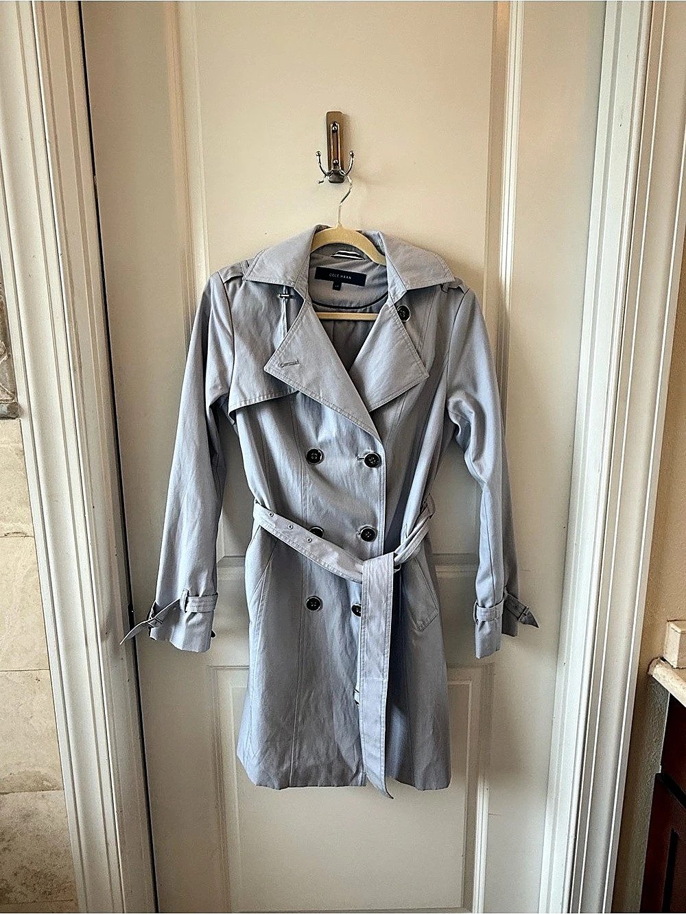 Cole Haan Hooded Belted Trench Coat Gray Small